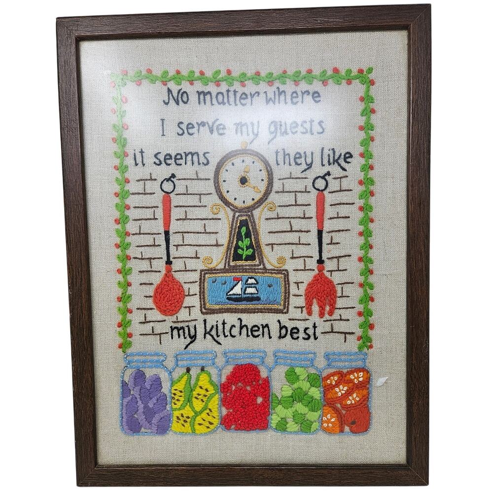 Vintage 70s Handmade Crewel Needlepoint Kitchen Print 13x17 in Farmhouse